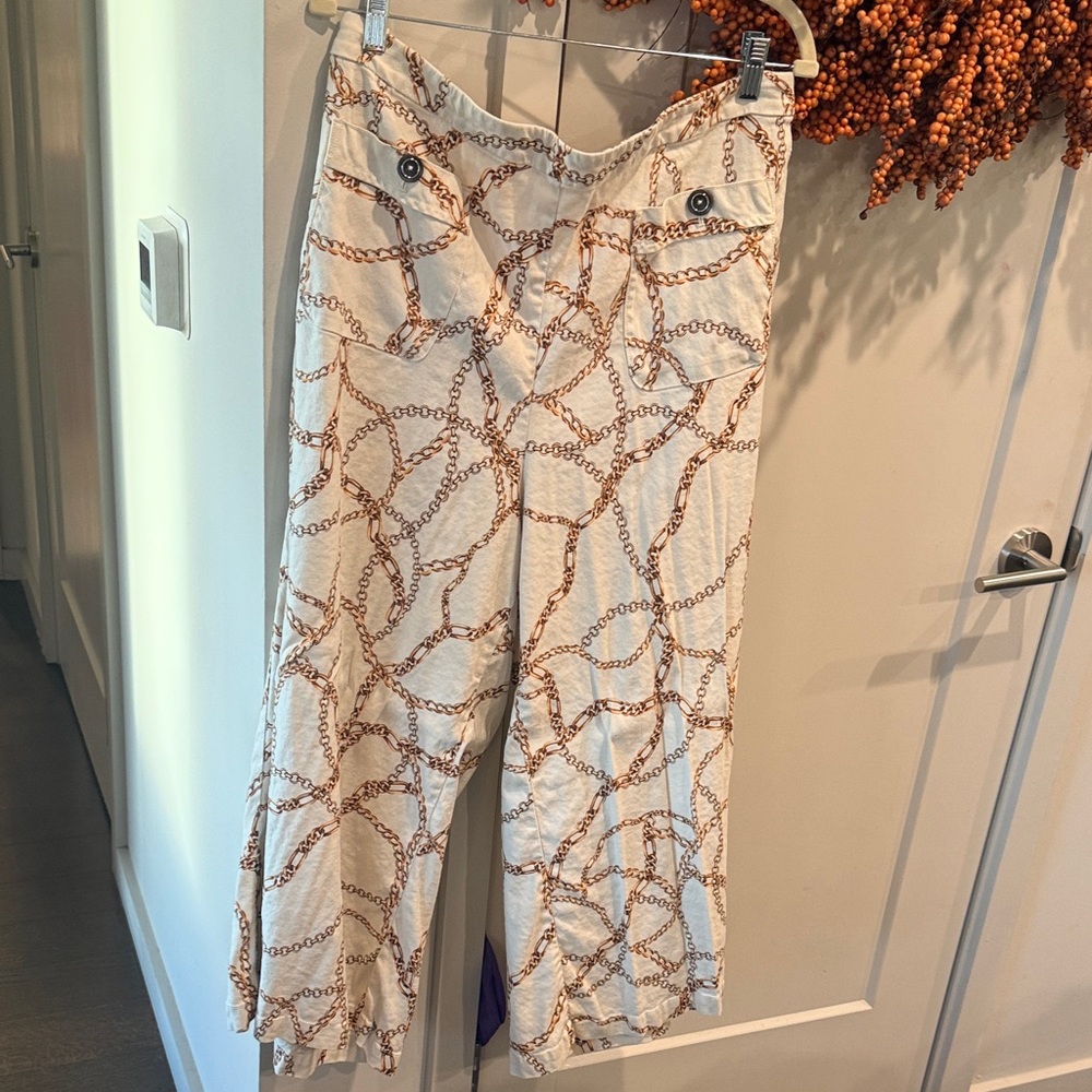 Maeve Cream and Brown Chain Print Wide Leg Pants